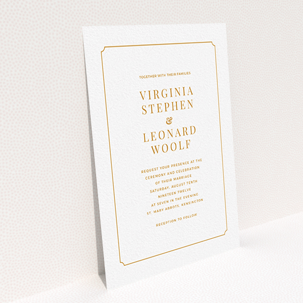A personalised wedding invitation called "Classic face". It is an A6 invite in a portrait orientation. "Classic face" is available as a flat invite, with tones of white and orange.
