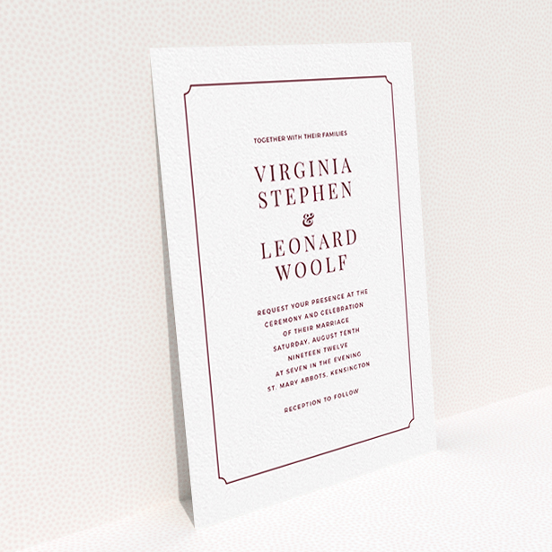 A personalised wedding invitation design titled "Classic face". It is an A6 invite in a portrait orientation. "Classic face" is available as a flat invite, with tones of white and burgundy.