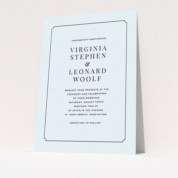 A personalised wedding invitation called "Classic face". It is an A6 invite in a portrait orientation. "Classic face" is available as a flat invite, with mainly light blue colouring.