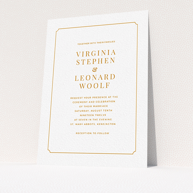 A personalised wedding invitation called "Classic face". It is an A6 invite in a portrait orientation. "Classic face" is available as a flat invite, with tones of white and orange.