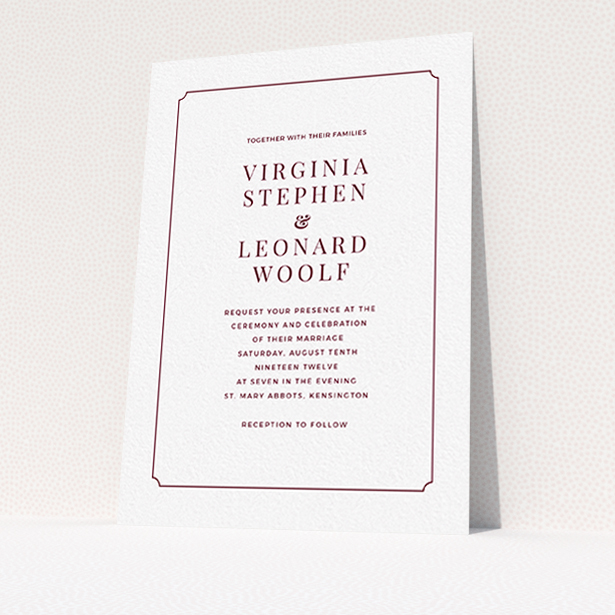 A personalised wedding invitation design titled "Classic face". It is an A6 invite in a portrait orientation. "Classic face" is available as a flat invite, with tones of white and burgundy.