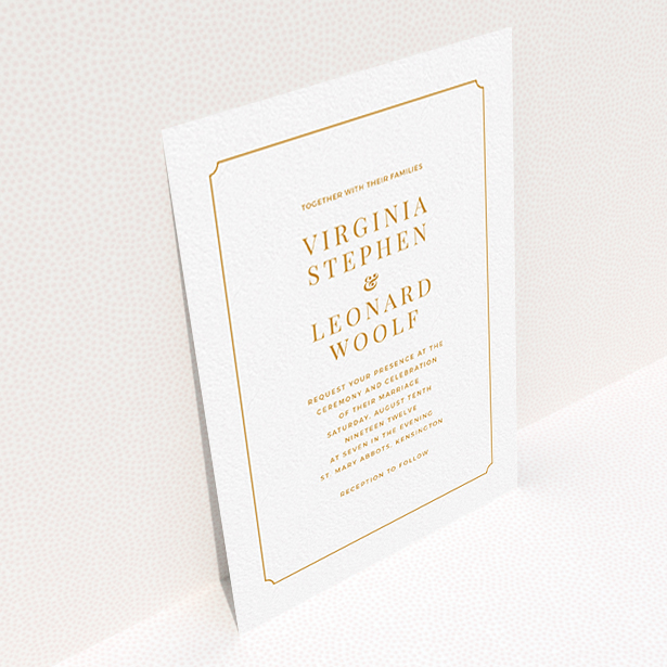 A personalised wedding invitation called "Classic face". It is an A6 invite in a portrait orientation. "Classic face" is available as a flat invite, with tones of white and orange.