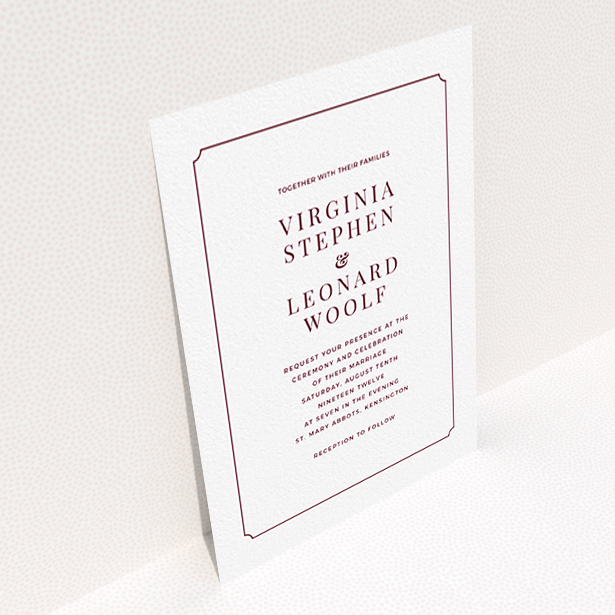 A personalised wedding invitation design titled "Classic face". It is an A6 invite in a portrait orientation. "Classic face" is available as a flat invite, with tones of white and burgundy.