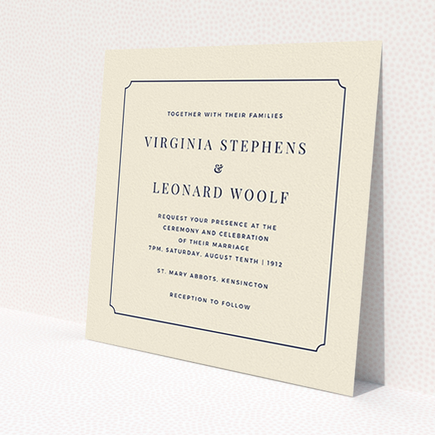 A personalised wedding invitation design named 'Classic face'. It is a square (148mm x 148mm) invite in a square orientation. 'Classic face' is available as a flat invite, with tones of cream and navy blue.