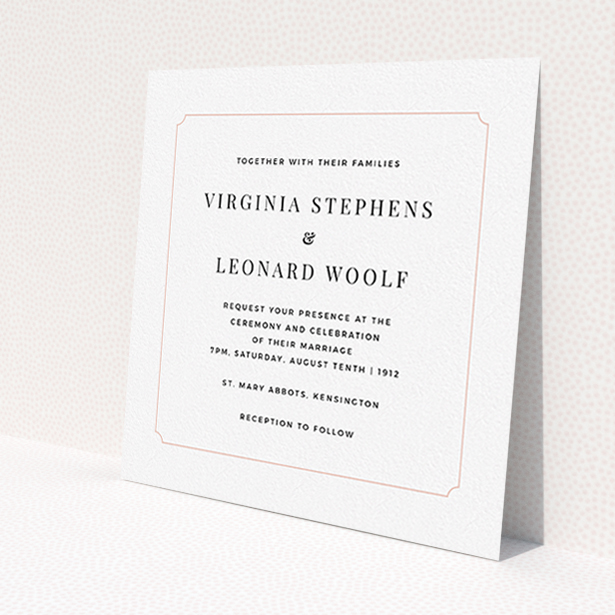 A personalised wedding invitation design called 'Classic face'. It is a square (148mm x 148mm) invite in a square orientation. 'Classic face' is available as a flat invite, with tones of white and pink.