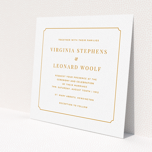 A personalised wedding invitation template titled 'Classic face'. It is a square (148mm x 148mm) invite in a square orientation. 'Classic face' is available as a flat invite, with tones of white and orange.
