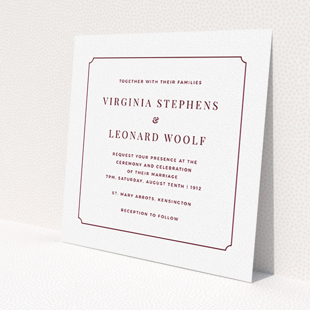 A personalised wedding invitation named 'Classic face'. It is a square (148mm x 148mm) invite in a square orientation. 'Classic face' is available as a flat invite, with tones of white and burgundy.