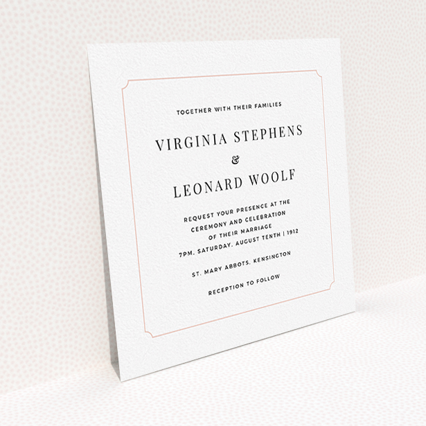 A personalised wedding invitation design called "Classic face". It is a square (148mm x 148mm) invite in a square orientation. "Classic face" is available as a flat invite, with tones of white and pink.