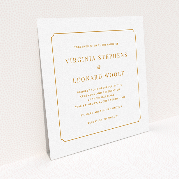 A personalised wedding invitation template titled "Classic face". It is a square (148mm x 148mm) invite in a square orientation. "Classic face" is available as a flat invite, with tones of white and orange.