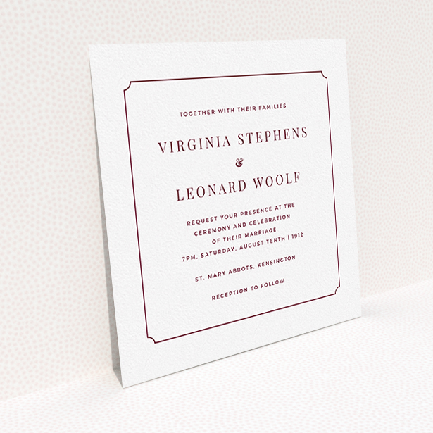 A personalised wedding invitation named "Classic face". It is a square (148mm x 148mm) invite in a square orientation. "Classic face" is available as a flat invite, with tones of white and burgundy.