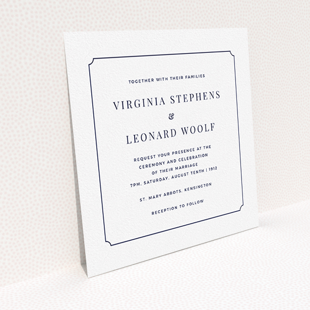 A personalised wedding invitation called "Classic face". It is a square (148mm x 148mm) invite in a square orientation. "Classic face" is available as a flat invite, with mainly white colouring.