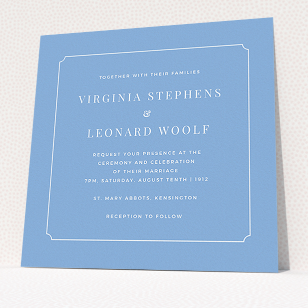 A personalised wedding invitation design called "Classic face". It is a square (148mm x 148mm) invite in a square orientation. "Classic face" is available as a flat invite, with tones of blue and white.