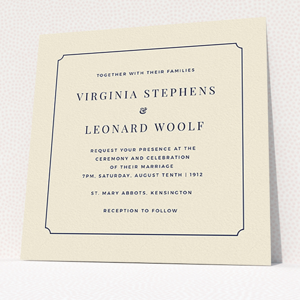 A personalised wedding invitation design named "Classic face". It is a square (148mm x 148mm) invite in a square orientation. "Classic face" is available as a flat invite, with tones of cream and navy blue.