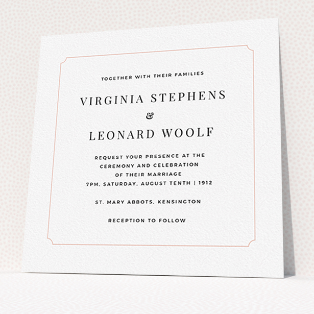 A personalised wedding invitation design called "Classic face". It is a square (148mm x 148mm) invite in a square orientation. "Classic face" is available as a flat invite, with tones of white and pink.