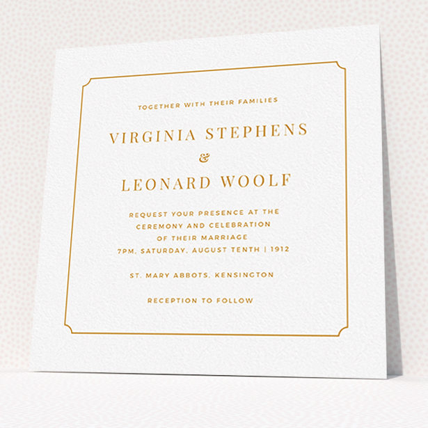 A personalised wedding invitation template titled "Classic face". It is a square (148mm x 148mm) invite in a square orientation. "Classic face" is available as a flat invite, with tones of white and orange.