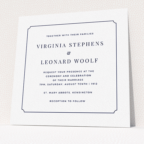 A personalised wedding invitation called "Classic face". It is a square (148mm x 148mm) invite in a square orientation. "Classic face" is available as a flat invite, with mainly white colouring.