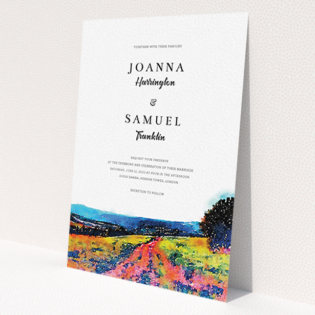A personalised wedding invitation design titled 'Country Road'. It is an A6 invite in a portrait orientation. 'Country Road' is available as a flat invite, with tones of white, blue and deep orange.