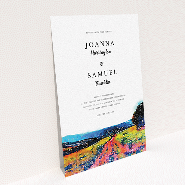 A personalised wedding invitation design titled "Country Road". It is an A6 invite in a portrait orientation. "Country Road" is available as a flat invite, with tones of white, blue and deep orange.