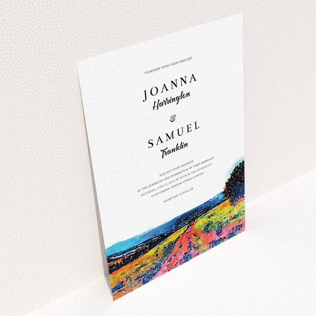 A personalised wedding invitation design titled "Country Road". It is an A6 invite in a portrait orientation. "Country Road" is available as a flat invite, with tones of white, blue and deep orange.