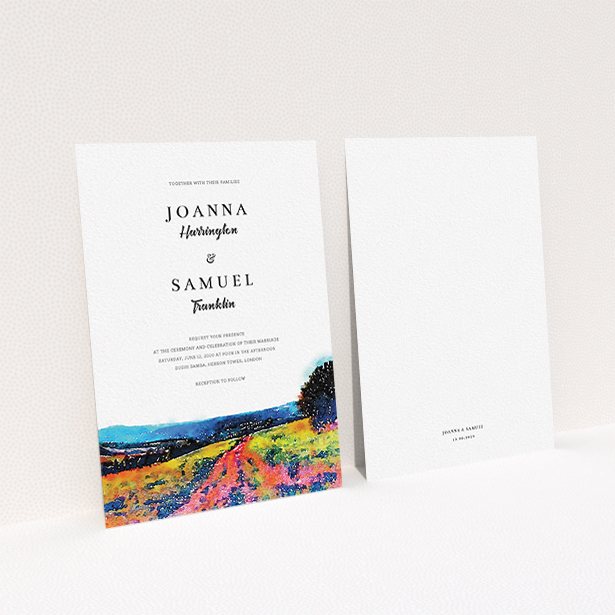 A personalised wedding invitation design titled "Country Road". It is an A6 invite in a portrait orientation. "Country Road" is available as a flat invite, with tones of white, blue and deep orange.