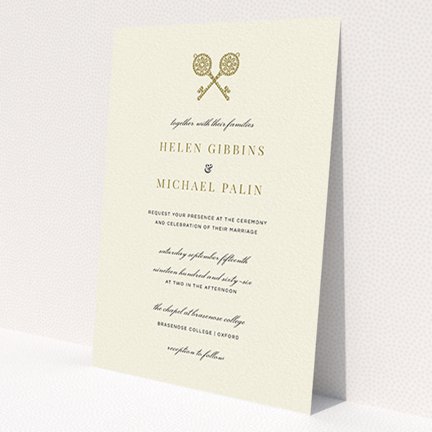 A personalised wedding invitation design titled 'Cross Keys'. It is an A6 invite in a portrait orientation. 'Cross Keys' is available as a flat invite, with tones of cream and gold.