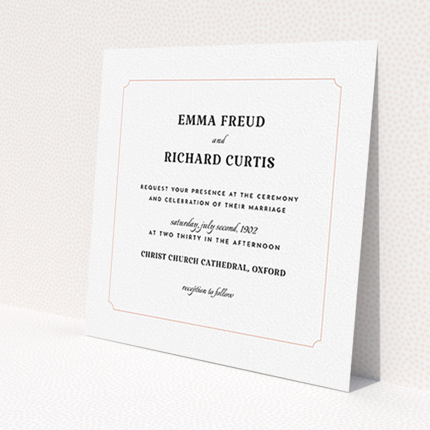 A personalised wedding invitation design titled "Harrison notch". It is a square (148mm x 148mm) invite in a square orientation. "Harrison notch" is available as a flat invite, with tones of white and pink.