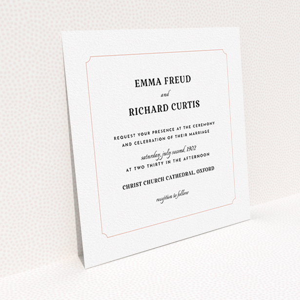 A personalised wedding invitation design titled "Harrison notch". It is a square (148mm x 148mm) invite in a square orientation. "Harrison notch" is available as a flat invite, with tones of white and pink.