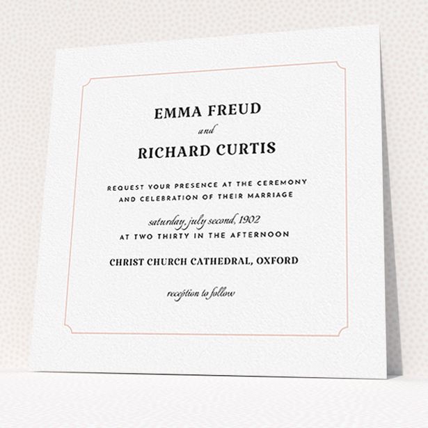A personalised wedding invitation design titled "Harrison notch". It is a square (148mm x 148mm) invite in a square orientation. "Harrison notch" is available as a flat invite, with tones of white and pink.