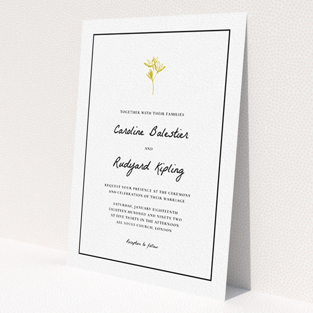 A personalised wedding invitation called 'My little daisy'. It is an A6 invite in a portrait orientation. 'My little daisy' is available as a flat invite, with tones of white and gold.