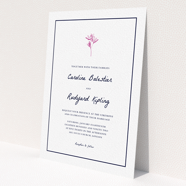 A personalised wedding invitation named 'My little daisy'. It is an A6 invite in a portrait orientation. 'My little daisy' is available as a flat invite, with tones of white and pink.
