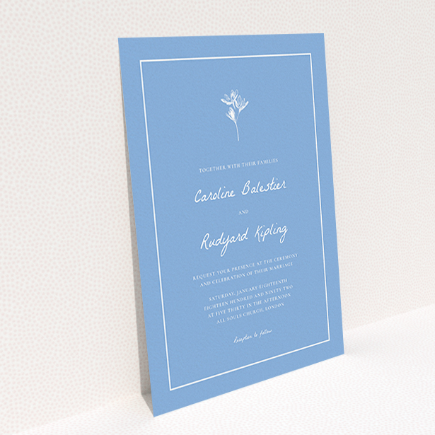A personalised wedding invitation template titled "My little daisy". It is an A6 invite in a portrait orientation. "My little daisy" is available as a flat invite, with tones of blue and white.
