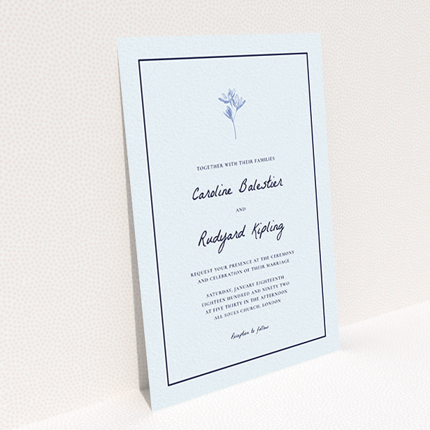 A personalised wedding invitation design named "My little daisy". It is an A6 invite in a portrait orientation. "My little daisy" is available as a flat invite, with mainly white colouring.