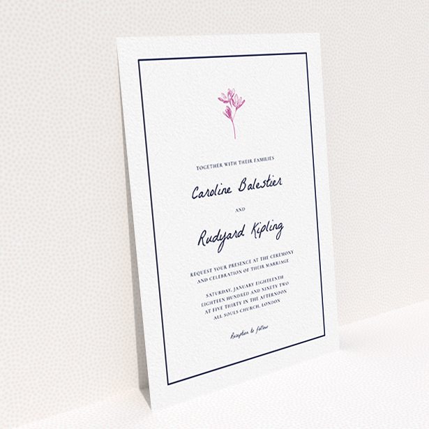 A personalised wedding invitation named "My little daisy". It is an A6 invite in a portrait orientation. "My little daisy" is available as a flat invite, with tones of white and pink.