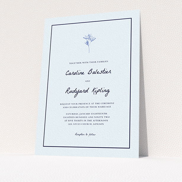 A personalised wedding invitation design named "My little daisy". It is an A6 invite in a portrait orientation. "My little daisy" is available as a flat invite, with mainly white colouring.