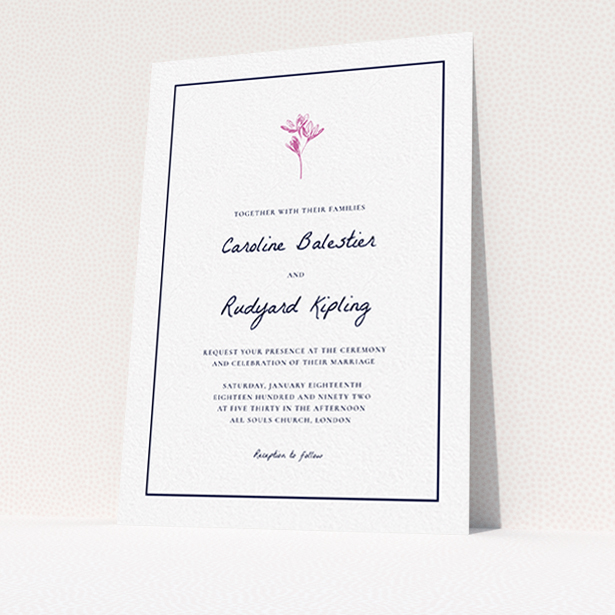 A personalised wedding invitation named "My little daisy". It is an A6 invite in a portrait orientation. "My little daisy" is available as a flat invite, with tones of white and pink.