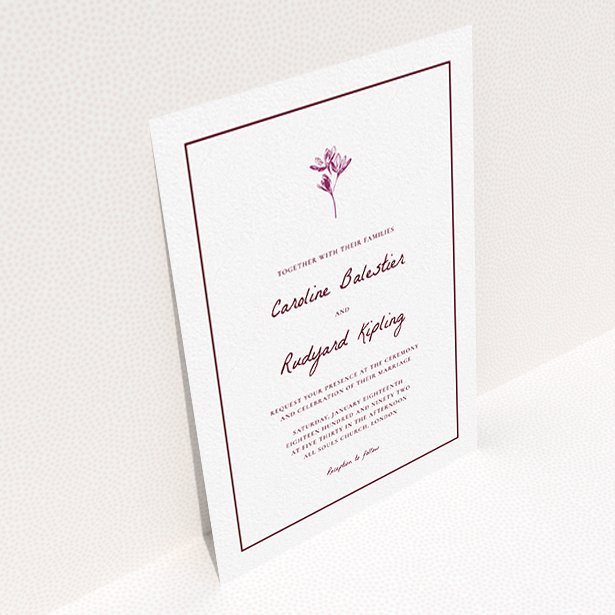 A personalised wedding invitation design called "My little daisy". It is an A6 invite in a portrait orientation. "My little daisy" is available as a flat invite, with mainly white colouring.