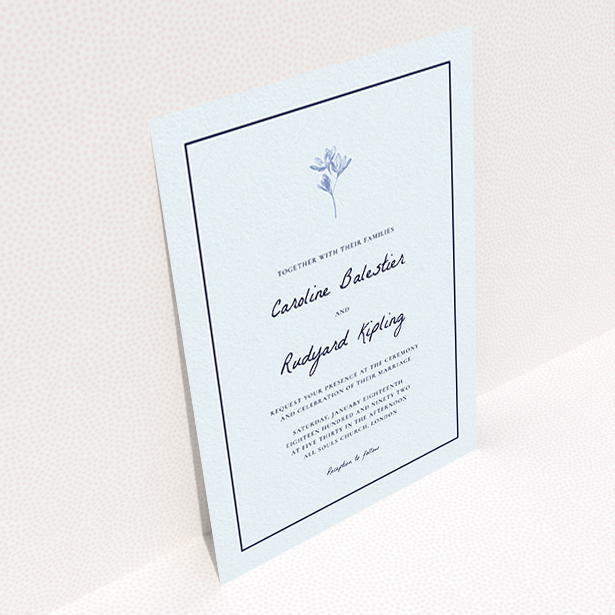 A personalised wedding invitation design named "My little daisy". It is an A6 invite in a portrait orientation. "My little daisy" is available as a flat invite, with mainly white colouring.
