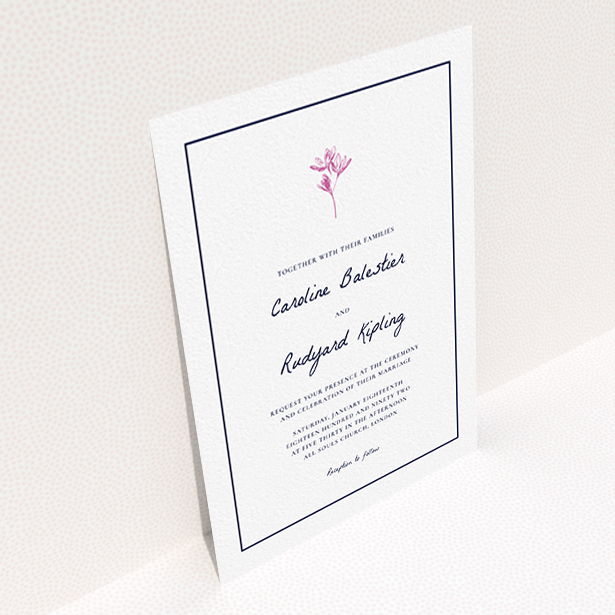 A personalised wedding invitation named "My little daisy". It is an A6 invite in a portrait orientation. "My little daisy" is available as a flat invite, with tones of white and pink.