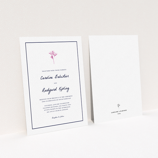 A personalised wedding invitation named "My little daisy". It is an A6 invite in a portrait orientation. "My little daisy" is available as a flat invite, with tones of white and pink.