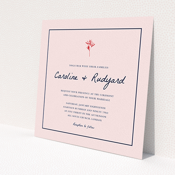 A personalised wedding invitation design named 'My little daisy'. It is a square (148mm x 148mm) invite in a square orientation. 'My little daisy' is available as a flat invite, with tones of pink, red and navy blue.