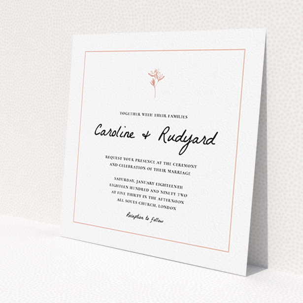 A personalised wedding invitation template titled 'My little daisy'. It is a square (148mm x 148mm) invite in a square orientation. 'My little daisy' is available as a flat invite, with tones of white and pink.