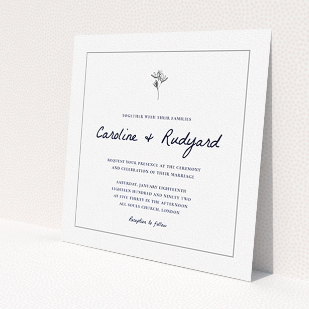 A personalised wedding invitation design titled 'My little daisy'. It is a square (148mm x 148mm) invite in a square orientation. 'My little daisy' is available as a flat invite, with tones of white and grey.