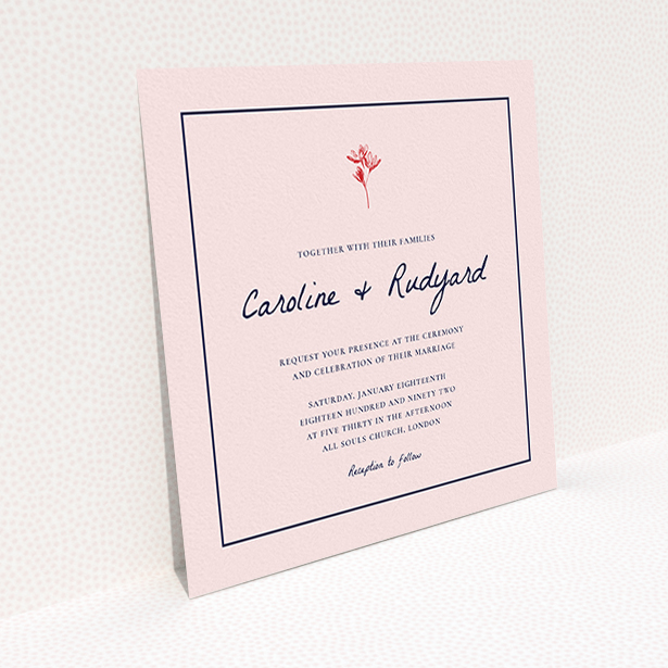 A personalised wedding invitation design named "My little daisy". It is a square (148mm x 148mm) invite in a square orientation. "My little daisy" is available as a flat invite, with tones of pink, red and navy blue.