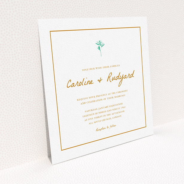 A personalised wedding invitation named "My little daisy". It is a square (148mm x 148mm) invite in a square orientation. "My little daisy" is available as a flat invite, with tones of white and green.