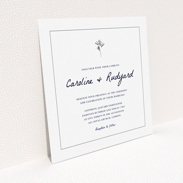 A personalised wedding invitation design titled "My little daisy". It is a square (148mm x 148mm) invite in a square orientation. "My little daisy" is available as a flat invite, with tones of white and grey.