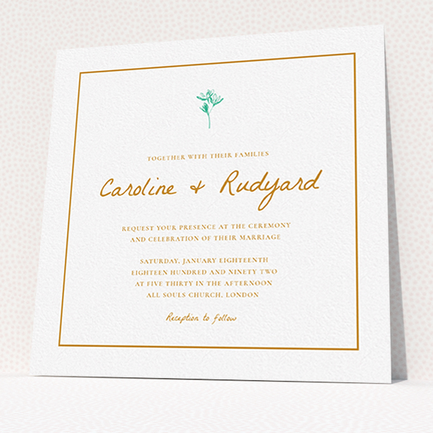 A personalised wedding invitation named "My little daisy". It is a square (148mm x 148mm) invite in a square orientation. "My little daisy" is available as a flat invite, with tones of white and green.