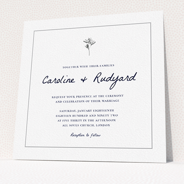 A personalised wedding invitation design titled "My little daisy". It is a square (148mm x 148mm) invite in a square orientation. "My little daisy" is available as a flat invite, with tones of white and grey.