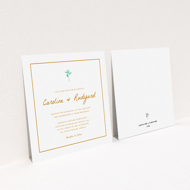 A personalised wedding invitation named "My little daisy". It is a square (148mm x 148mm) invite in a square orientation. "My little daisy" is available as a flat invite, with tones of white and green.