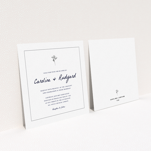 A personalised wedding invitation design titled "My little daisy". It is a square (148mm x 148mm) invite in a square orientation. "My little daisy" is available as a flat invite, with tones of white and grey.