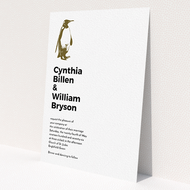 A personalised wedding invitation called 'My little penguin'. It is an A6 invite in a portrait orientation. 'My little penguin' is available as a flat invite, with mainly white colouring.